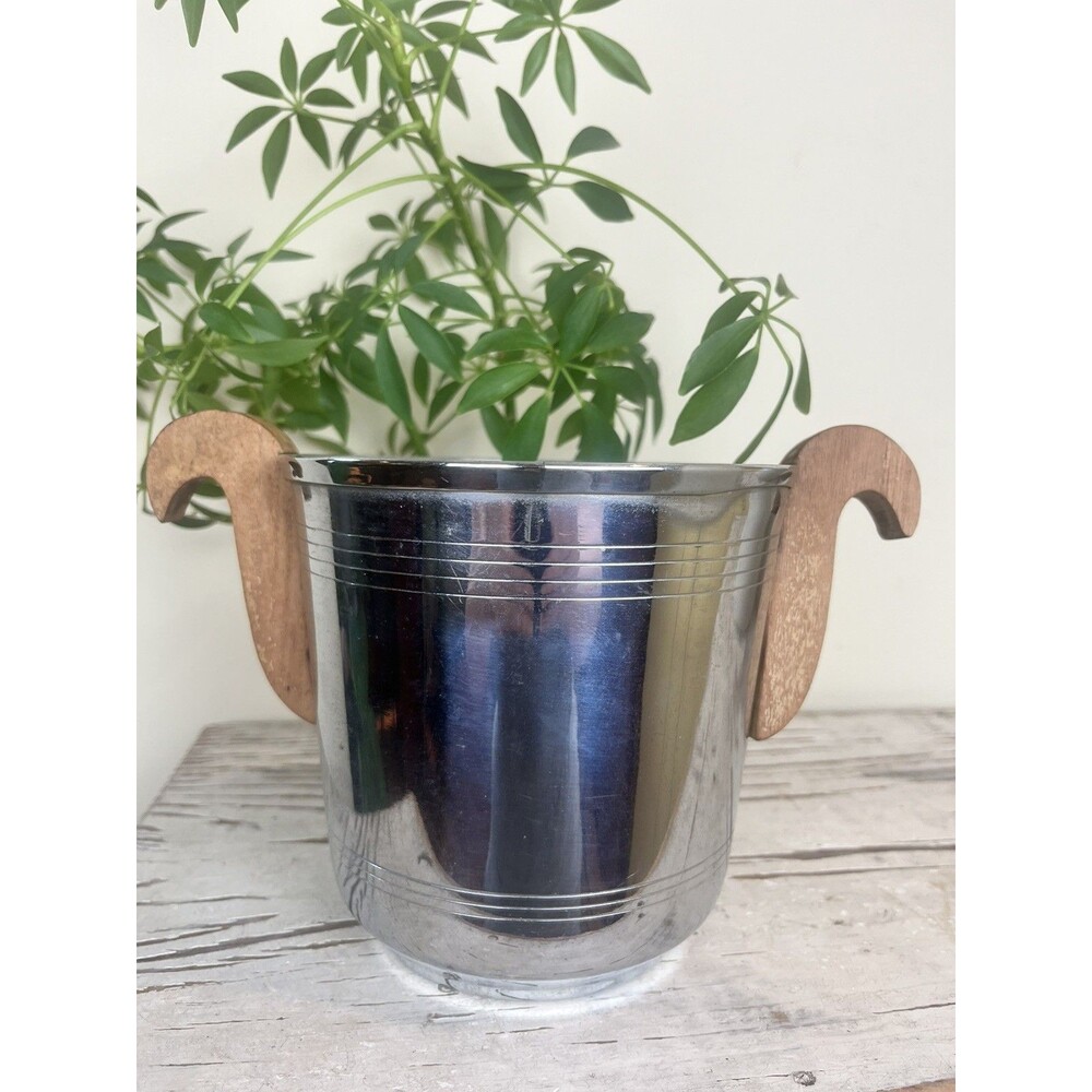 Vintage French Art Deco Metal & Wood Handled Small Ice Bucket 9” Ornate Decor